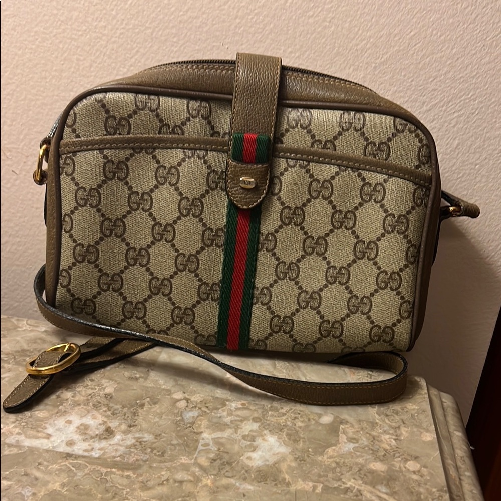 GUCCI GG Canvas Web Sherry Line Shoulder Bag PVC Leather Beige Green Auth Red